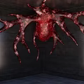 Giant Red Fleshy Tentacled Organism Suspended In Dark Gray Concrete Room