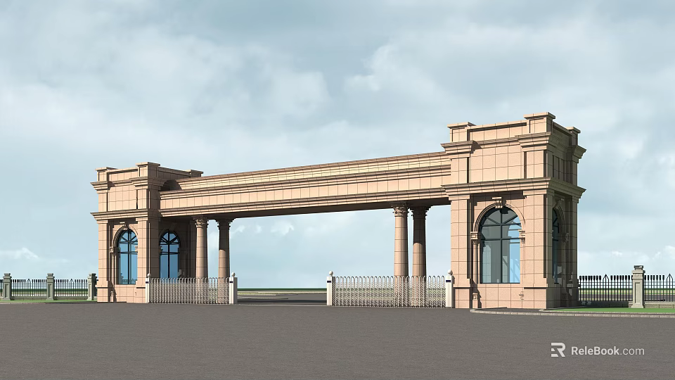 Classical Stone Entrance Gate With Columns And Arched Windows Design 3d model 