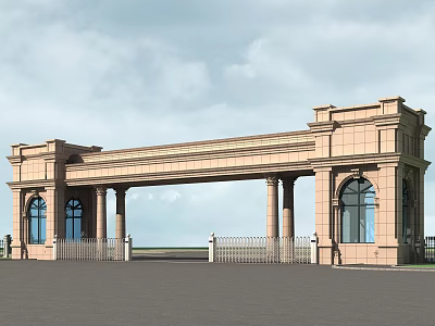 Classical Stone Entrance Gate With Columns And Arched Windows Design 3d model