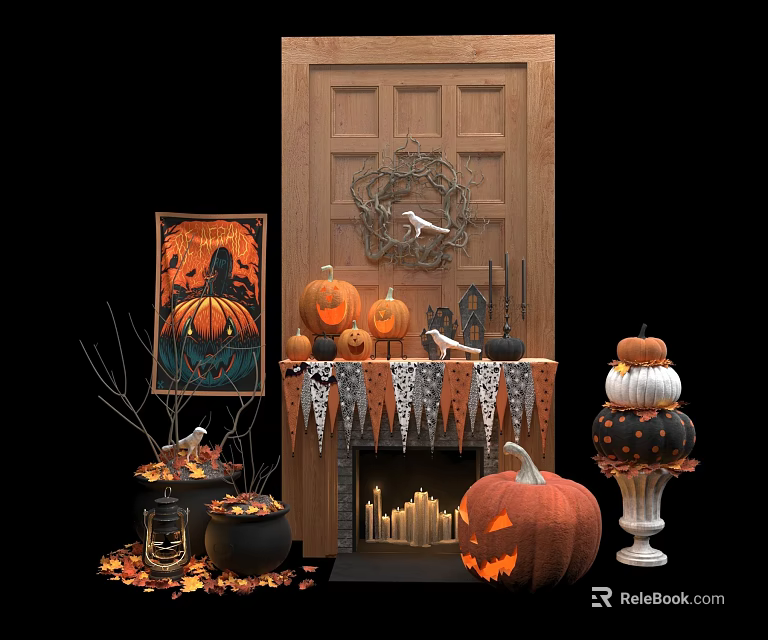 Halloween Decorative Ornament Set With Pumpkin JackOLantern Wreath Candles And Banners 3d model 