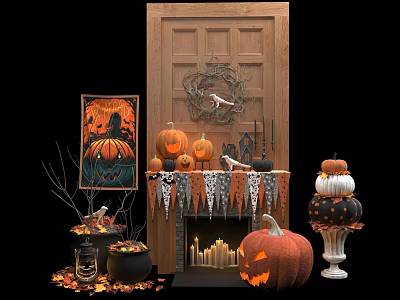Halloween Decorative Ornament Set With Pumpkin JackOLantern Wreath Candles And Banners 3d model