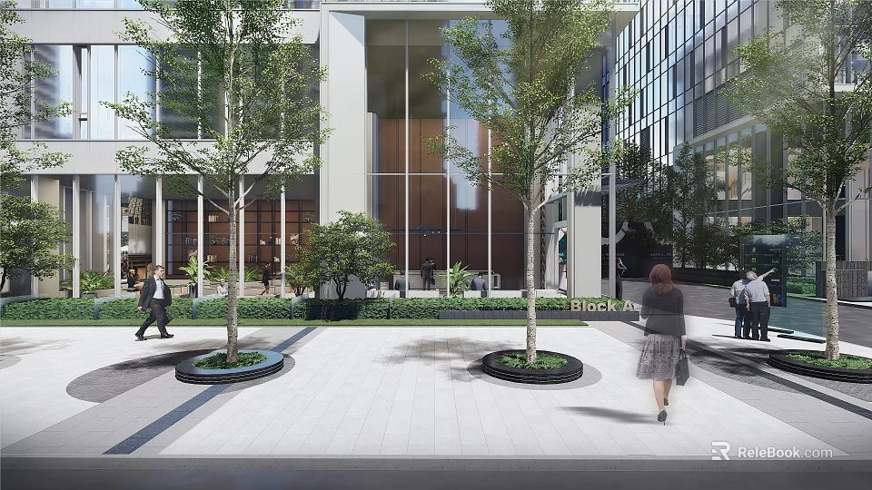 Modern Commercial Building Exterior With Glass Facade Trees And Pedestrians In Plaza 3d model 