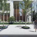 Modern Commercial Building Exterior With Glass Facade Trees And Pedestrians In Plaza