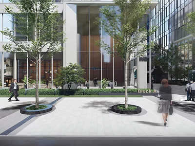 Modern Commercial Building Exterior With Glass Facade Trees And Pedestrians In Plaza 3d model