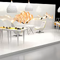 Contemporary Exhibition Booth Featuring Honeycomb Orange Decoration White Chairs With Yellow Trim And Small Table