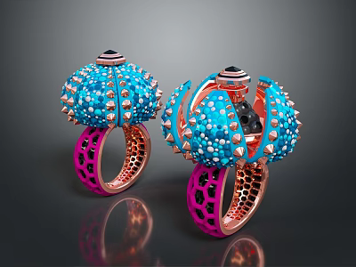 Fashion Rings with Blue Spiked Decorations and Pink Hollow Rose Gold Bands 3d model
