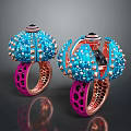 Fashion Rings with Blue Spiked Decorations and Pink Hollow Rose Gold Bands