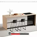 Modern Bar Counter With Wooden Top Black Bar Stools Vase Bread Fruits And Cooktop