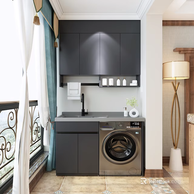 Home Balcony Interior Design With Gray Cabinets Washing Machine Sink Storage Window Curtain 3d model 