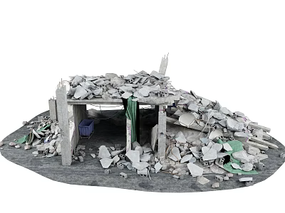 Collapsed House Ruins With Debris Green Cloth And Blue Bucket 3d model