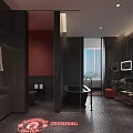 Modern Hotel Guest Room With King Bed Red Accent Furniture And Brick Wall Decor