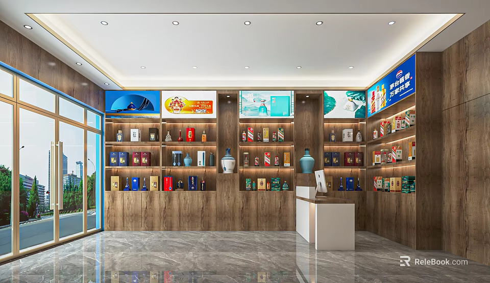 Spacious Modern Tobacco and Liquor Store Interior With Shelves of Liquor Bottles and Tobacco Products 3d model 