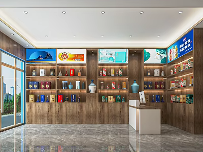 Spacious Modern Tobacco and Liquor Store Interior With Shelves of Liquor Bottles and Tobacco Products 3d model