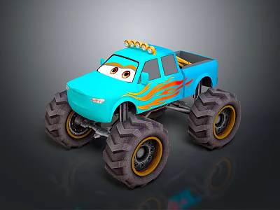 Blue Toy Monster Truck With Large Tires Flame Decals And Cartoon Eyes 3d model