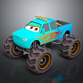 Blue Toy Monster Truck With Large Tires Flame Decals And Cartoon Eyes