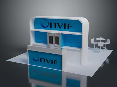 ONVIF Exhibition Booth Design With Blue White Counter Shelves And Chairs 3d model