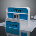 ONVIF Exhibition Booth Design With Blue White Counter Shelves And Chairs