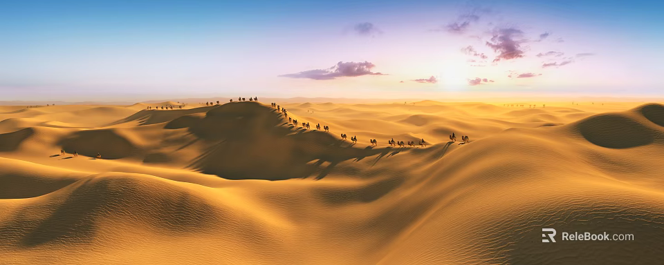 Stunning Desert Landscape With Golden Sand Dunes Camel Caravan And Vibrant Sunset Sky 3d model 