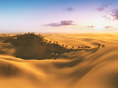 Stunning Desert Landscape With Golden Sand Dunes Camel Caravan And Vibrant Sunset Sky 3d model
