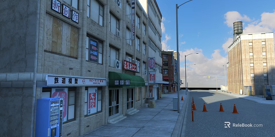 Vibrant Commercial Street With Multi Story Buildings Shop Signs Street Lamps And Traffic Cones 3d model 