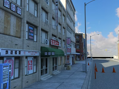 Vibrant Commercial Street With Multi Story Buildings Shop Signs Street Lamps And Traffic Cones 3d model