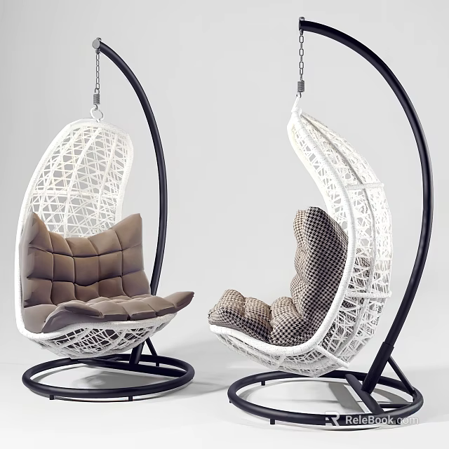 Modern Woven Rattan Hanging Chair With White Frame And Brown Cushion 3d model 
