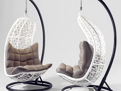 Modern Woven Rattan Hanging Chair With White Frame And Brown Cushion 3d model