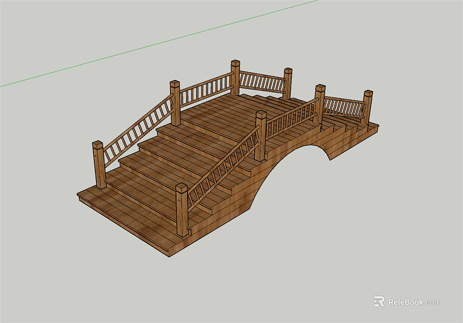 Wooden Arch Bridge With Carved Railings And Staircase Steps Design 3d model 