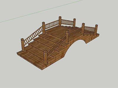 Wooden Arch Bridge With Carved Railings And Staircase Steps Design 3d model