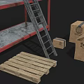 Industrial Storage Shelves With Red Frame Metal Tiers Ladder Cardboard Boxes And Wooden Pallet