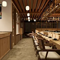 Traditional Japanese Restaurant Interior With Counter Charcoal Fire Wooden Lanterns And Wine Racks