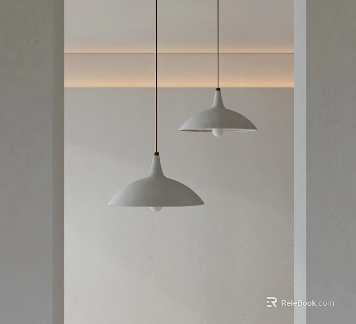 Two Modern White Pendant Lights In Simple Minimalist Interior Design 3d model