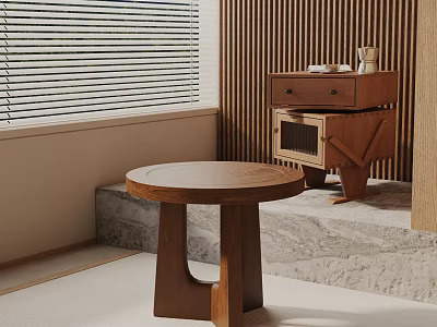 Minimalist Round Wooden Side Table By Window Blinds With Wooden Slat Wall And Marble Platform 3d model