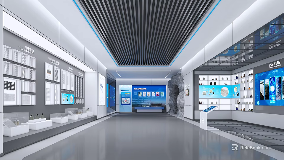 Modern Corporate Exhibition Hall With Product Showcases Digital Displays And Spacious Layout 3d model 