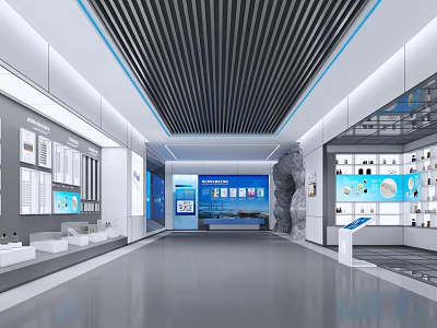Modern Corporate Exhibition Hall With Product Showcases Digital Displays And Spacious Layout 3d model