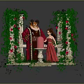 Game Movie Characters on Stone Pillar Platform with Green Vines Red Flowers