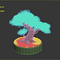 Blue Decorative Tree with Brown Twisted Trunk and Green Grass on Circular Base
