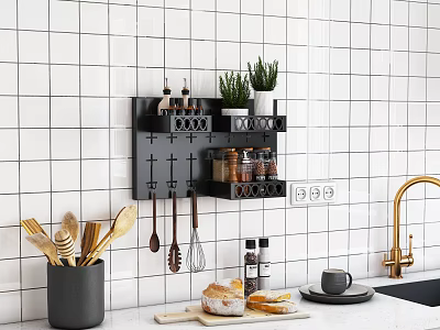 Kitchenware Organized On Black Wall Mounted Rack With Spices Herbs And Wooden Utensils 3d model