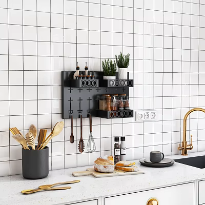 Kitchenware Organized On Black Wall Mounted Rack With Spices Herbs And Wooden Utensils 3d model