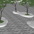 White Circular Flower Planters with Green Leafy Trees on Patterned Paved Ground 3d model