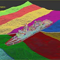 Detailed Warship Model Sailing On Blue Ocean Water With Upper Deck And Superstructure