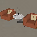 Brown Leather Single Sofa Interior With Two Armchairs Small Round Table And Gray Wall 3d model