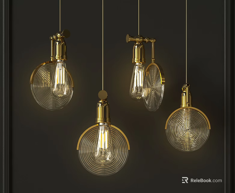 Modern Golden Pendant Lights With Ribbed Glass Shades And Decorative Design 3d model 