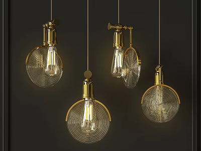 Modern Golden Pendant Lights With Ribbed Glass Shades And Decorative Design 3d model