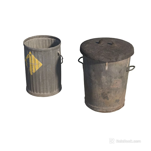 Public Facility Metal Trash Bins With Handles And Yellow Warning Sign 3d model 