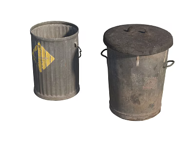 Public Facility Metal Trash Bins With Handles And Yellow Warning Sign 3d model