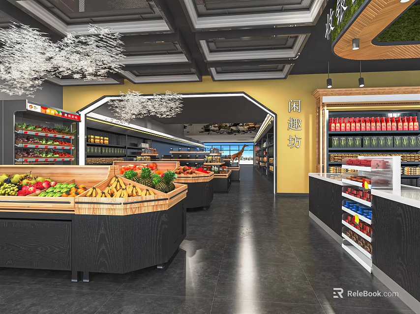 Bright Modern Supermarket Interior With Fresh Fruit Vegetable And Beverage Displays 3d model 