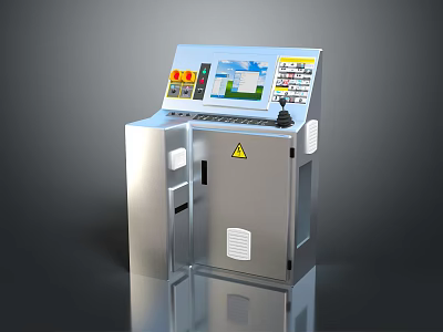 Industrial Control Panel With Stainless Steel Cabinet Display Screen Control Buttons And Warning Sign 3d model