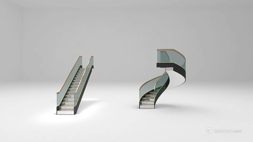 Modern Straight And Spiral Stairs Design With Glass Handrail And Metal Structure 3d model 