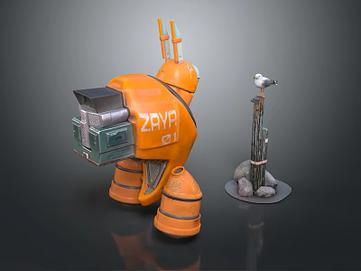 Futuristic Orange Robot ZIRA 01 with Mechanical Antennas and Bird Perched on Pole with Rocks 3d model